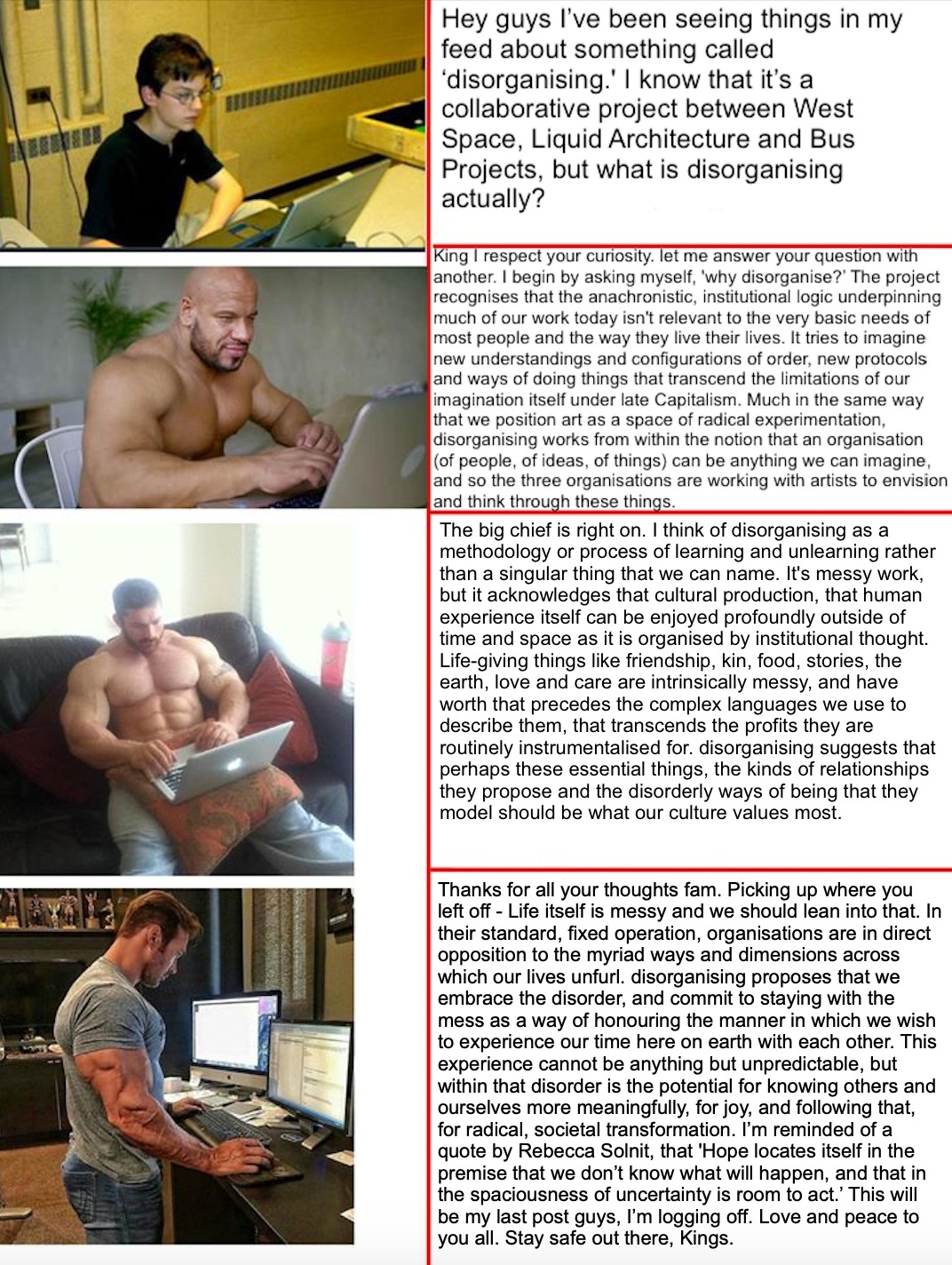 a meme for disorganising featuring a young boy sitting at a computer and three muscley men sitting at their laptops.