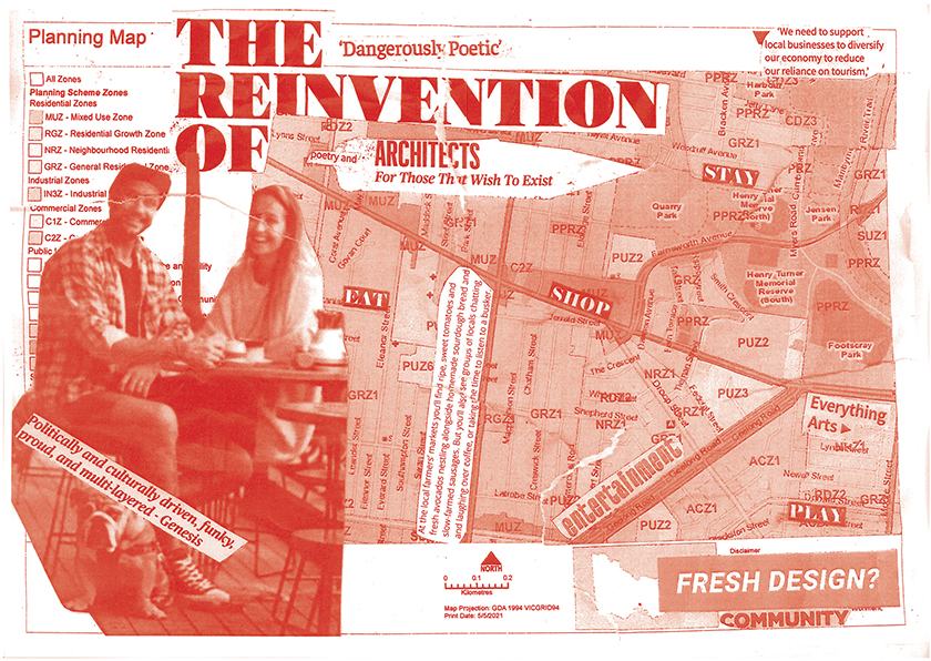 collage of gentrification featuring young people smiling at a cafe. Cut out in front of a map behind.