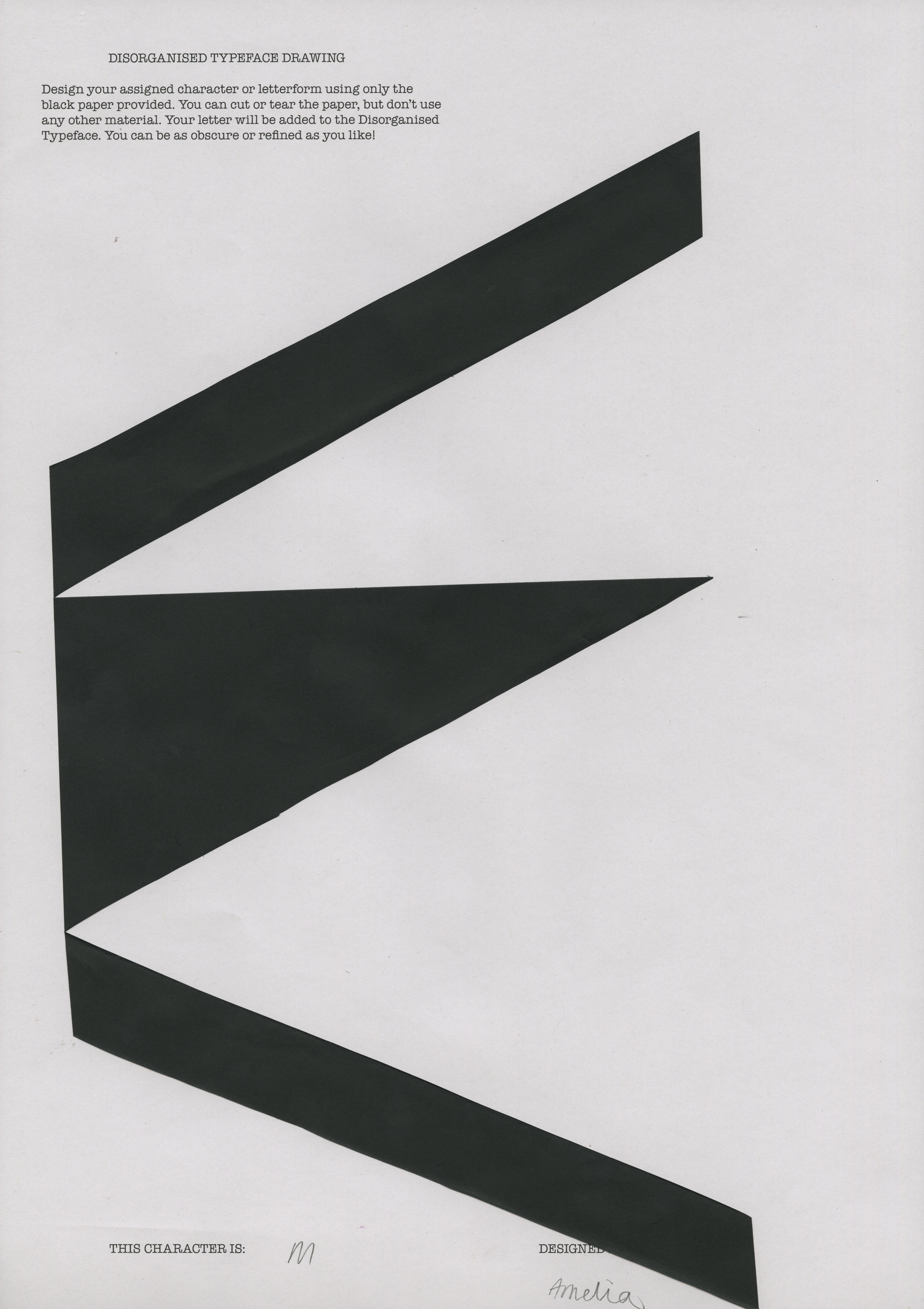 A scan of a poster with a cut out letter of 'W' in big bold black strokes